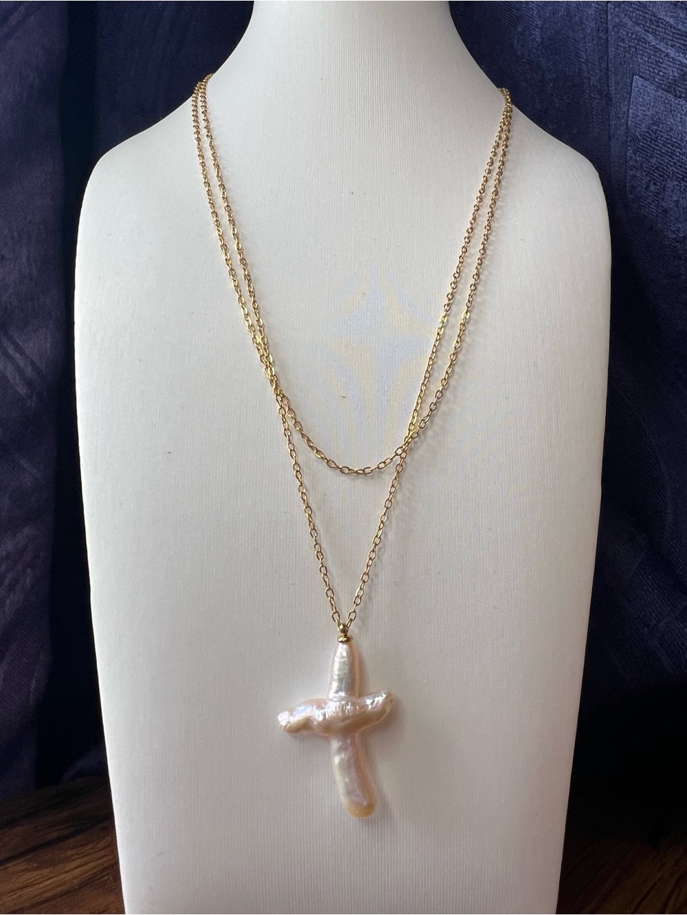 Gold Layered Necklace with White Baroque Pearl Cross Pendant NWOT